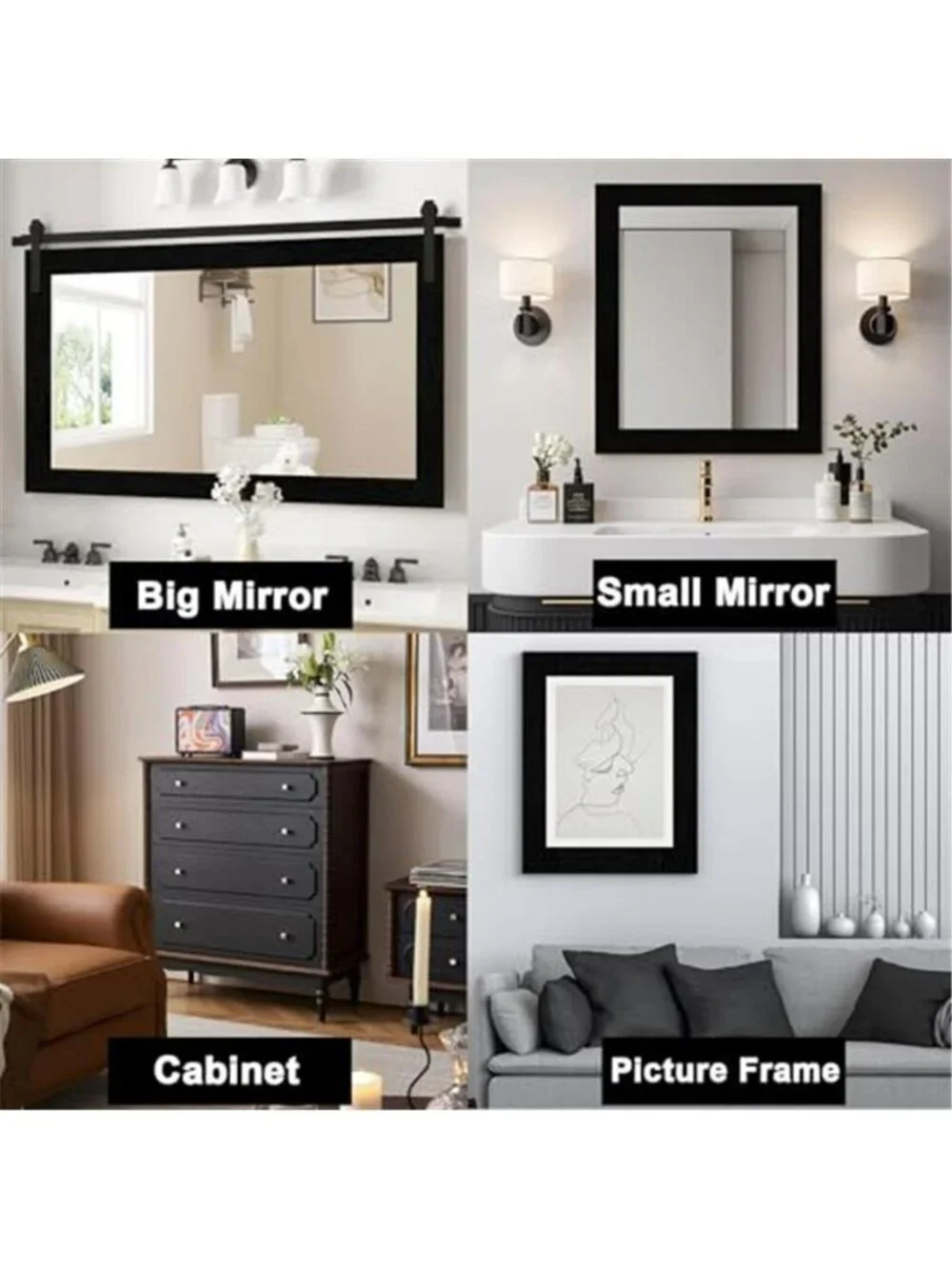 10M Black Wood Grain Mirror Frame Border Peel and Stick Wallpaper,